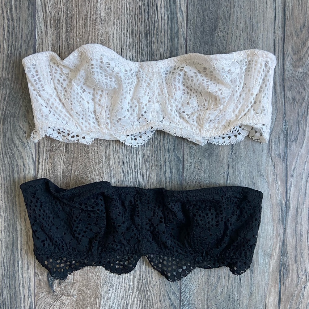 Victoria’s Secret Set of 2 Strapless Lace Bandeau Bras Bralettes Black White 32B - Picture 2 of 6